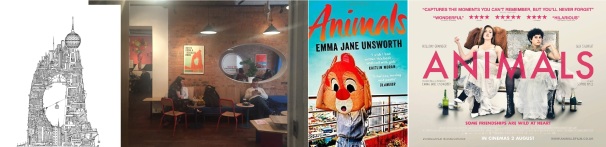 Favela Tower print by Toby Melville-Brown and interior of The Book Club, displaying The Future Was Big / Cover of the novel Animals by Emma Jane Unsworth and film poster
