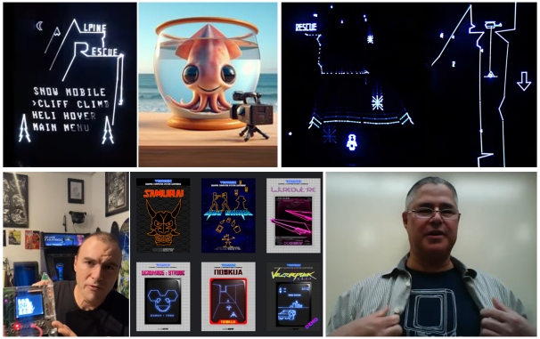 Clockwise from top left: Alpine Rescue menu screen, Share Squid software logo, stills from Alpine Rescue, Chris Romero in a Vectrex T-shirt, games by Future Vector, Benoit Bender